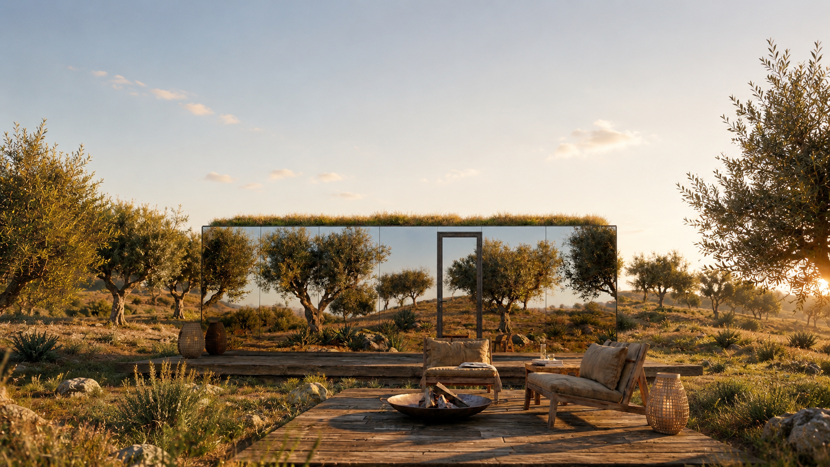 AERA DOMUS in an olive grove at sunset